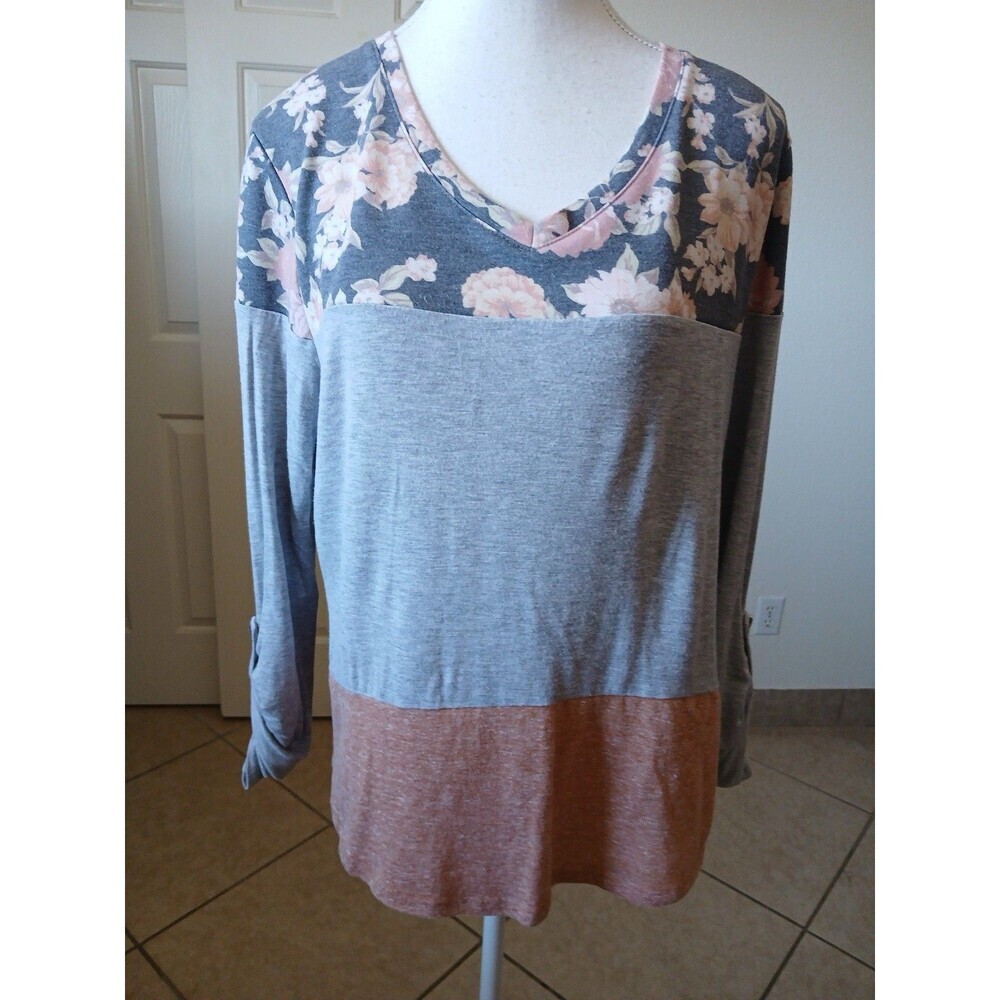 Signature Studio Womens Top Shirt Large Gray Orange Floral Roll Tab Sleeve‎
